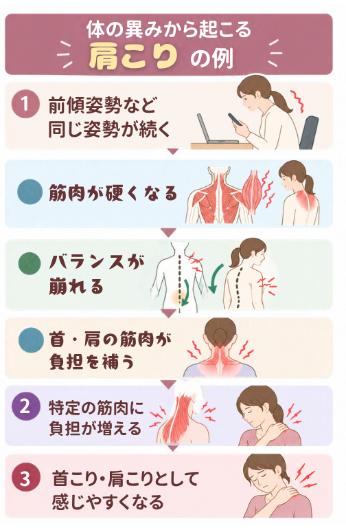 体の歪みから起こる肩こりの流れの例