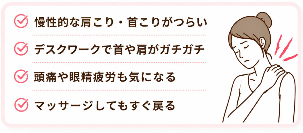 肩こり症状チェック 慢性的な肩こり・首コリが辛い デスクワークで首や肩がガチガチ 頭痛や眼精疲労も気になる マッサージをしてもすぐ戻ってしまう