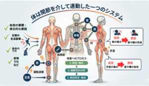体は関節を介して連動したシステム　股関節や膝の痛みが腰や肩に原因がある事も